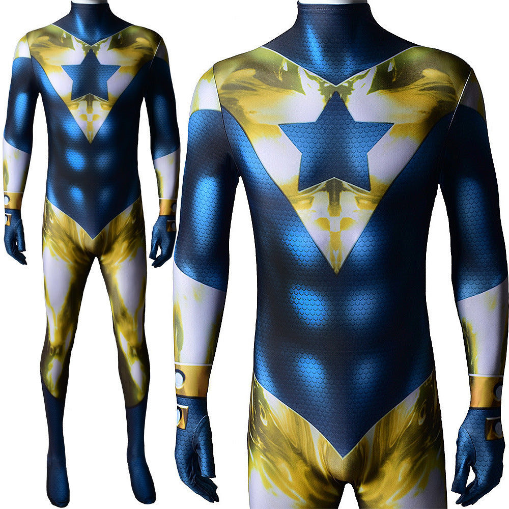 justice league booster gold jumpsuits cosplay costume kids adult halloween bodysuit