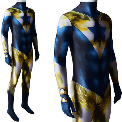 justice league booster gold jumpsuits cosplay costume kids adult halloween bodysuit