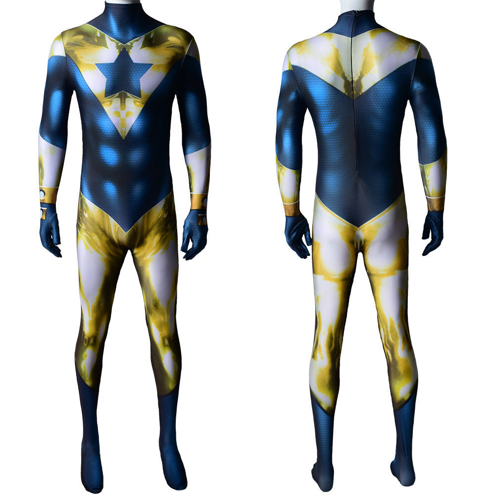 justice league booster gold jumpsuits cosplay costume kids adult halloween bodysuit