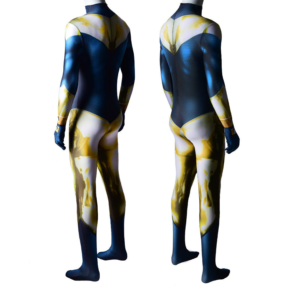 justice league booster gold jumpsuits cosplay costume kids adult halloween bodysuit