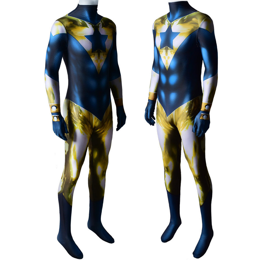 justice league booster gold jumpsuits cosplay costume kids adult halloween bodysuit