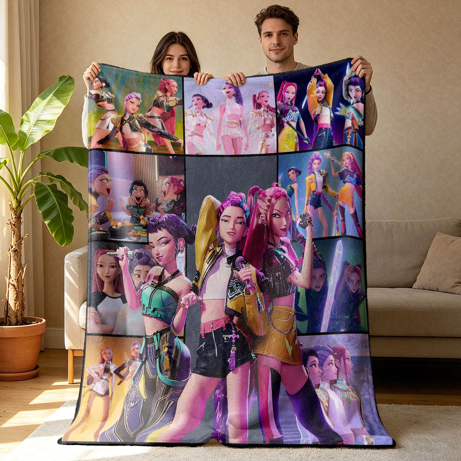 Kpop Demon Hunters Huntrix Saja Boys Inspired Blanket Cozy Flannel Throw Blanket