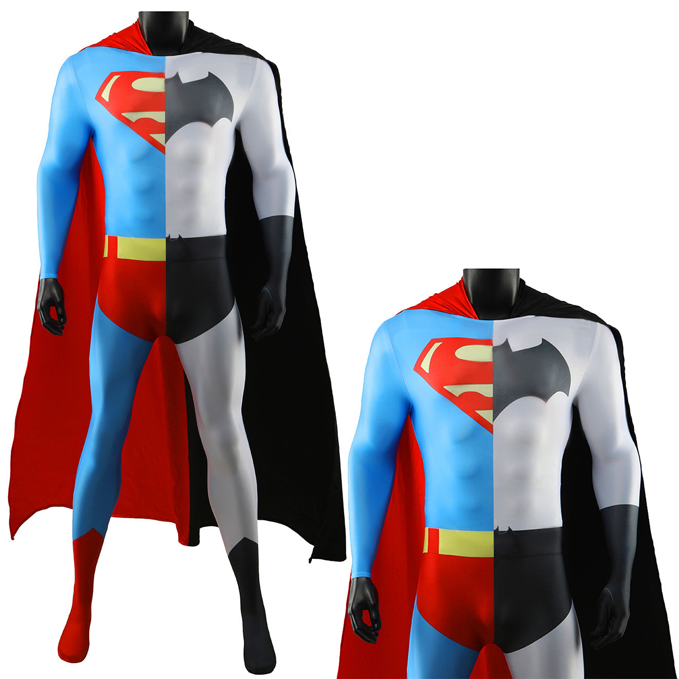 superman and batman combined jumpsuits costume kids adult halloween bodysuit