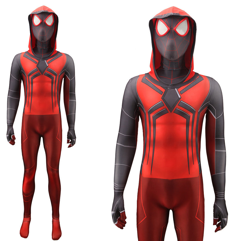ps5 miles morales spider man crimson hooded jumpsuits kids adult halloween bodysuit
