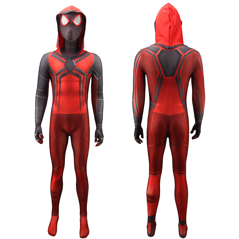ps5 miles morales spider man crimson hooded jumpsuits kids adult halloween bodysuit