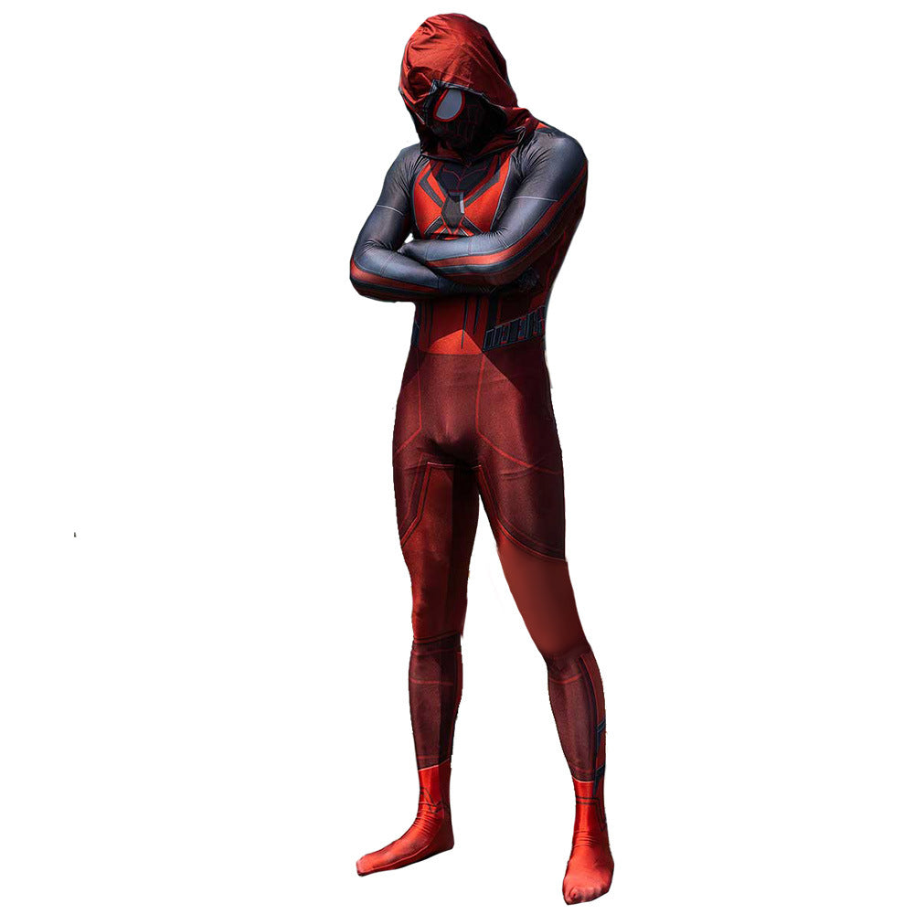 ps5 spider man hooded red jumpsuits cosplay costume kids adult halloween bodysuit