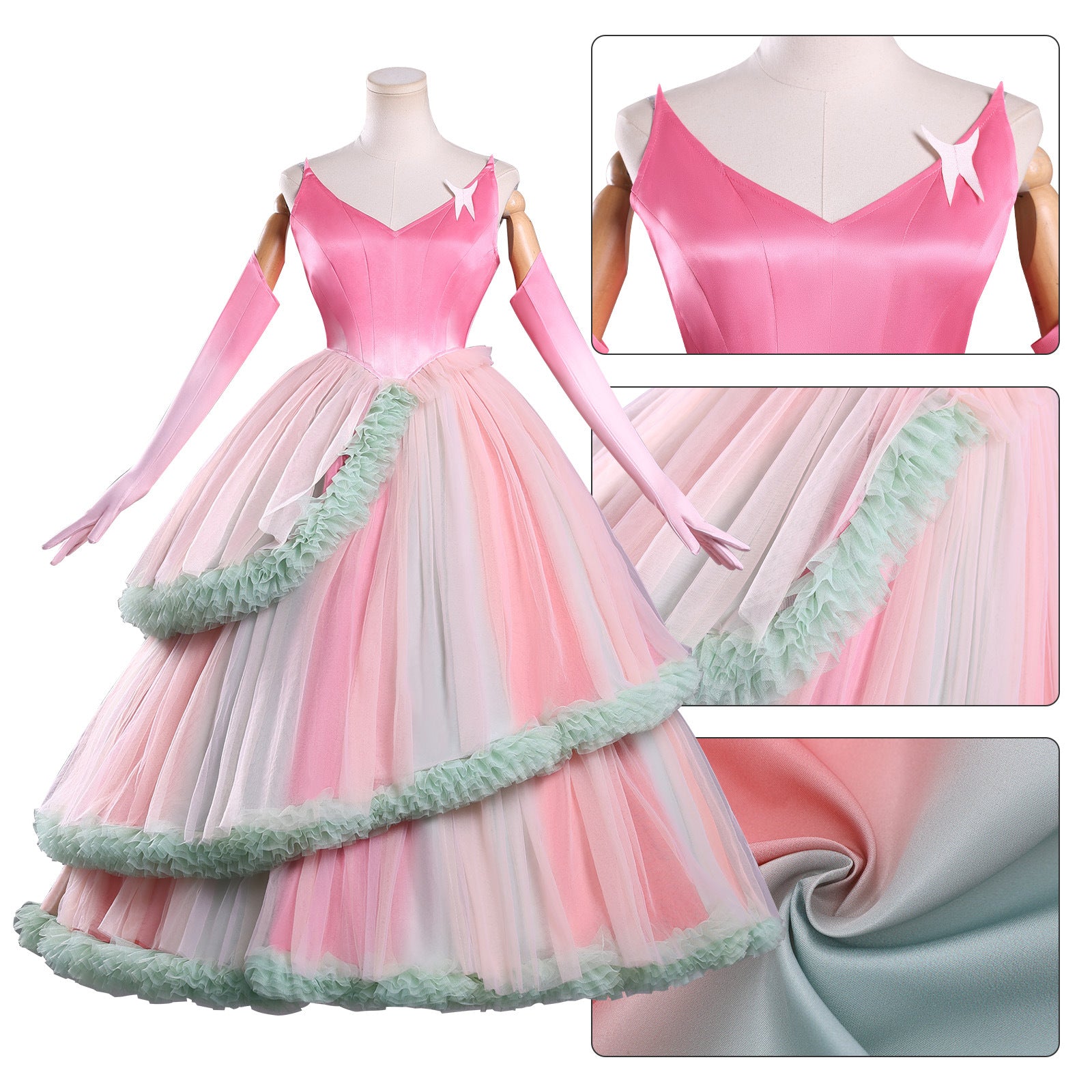 Wicked: For Good Witch Glinda Pink Green Dress Cosplay Costumes