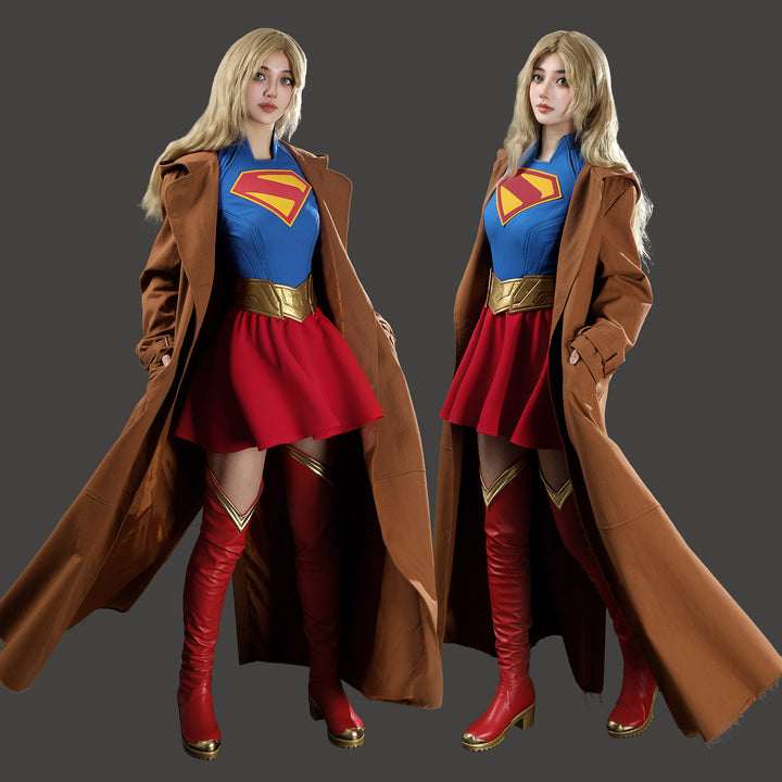 Comics Superhero Supergirl Superwoman Fullset with Coat Cosplay Costumes