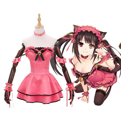 Anime Date A Live Kurumi Tokisaki Pink Cat Maid Dress Cosplay Costume