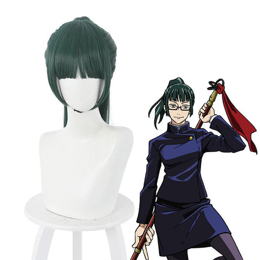 anime jujutsu kaisen maki zenin long dark green cosplay wigs