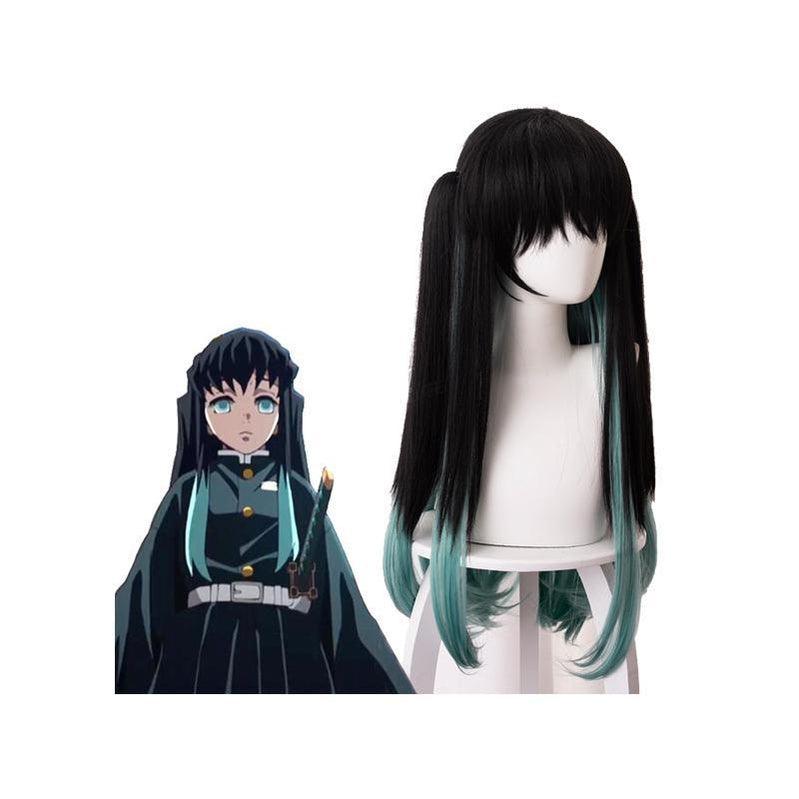 anime demon slayer tokitou muichirou long straight green mixed black cosplay wigs