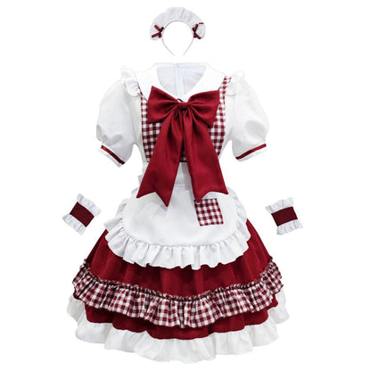 Cat Girl Uniform Black Red Plaid Maid Outfit Lolita Dress Cute Fancy Cosplay Costume