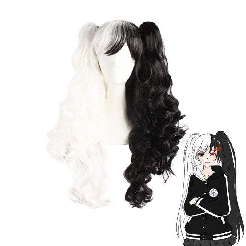 anime danganronpa trigger happy havoc monokuma black and white bear double ponytail long curly cosplay wigs