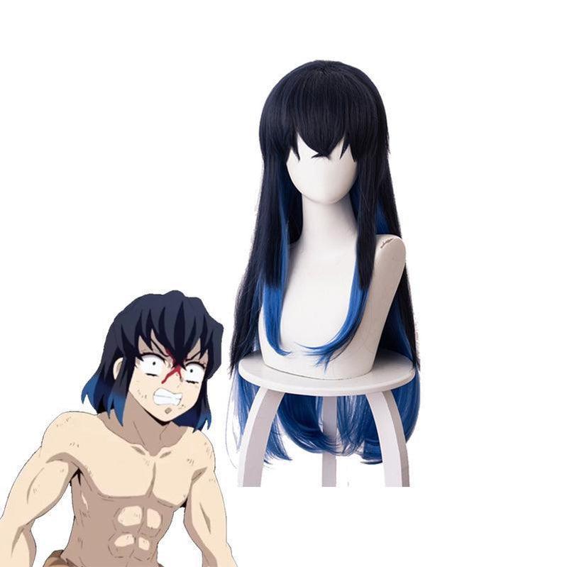 Anime Demon Slayer Kimetsu no Yaiba Hashibira Inosuke Blue Gradient Color Cosplay Wigs