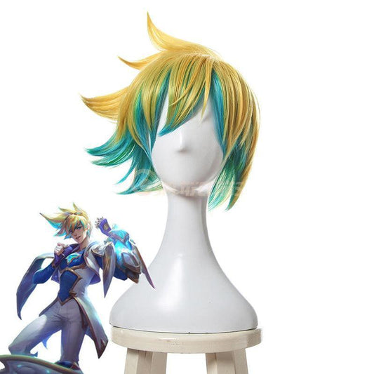 LOL Star Guardian Ezreal Yellow Mixed Blue Men 30cm Short Cosplay Wigs Synthetic Hair