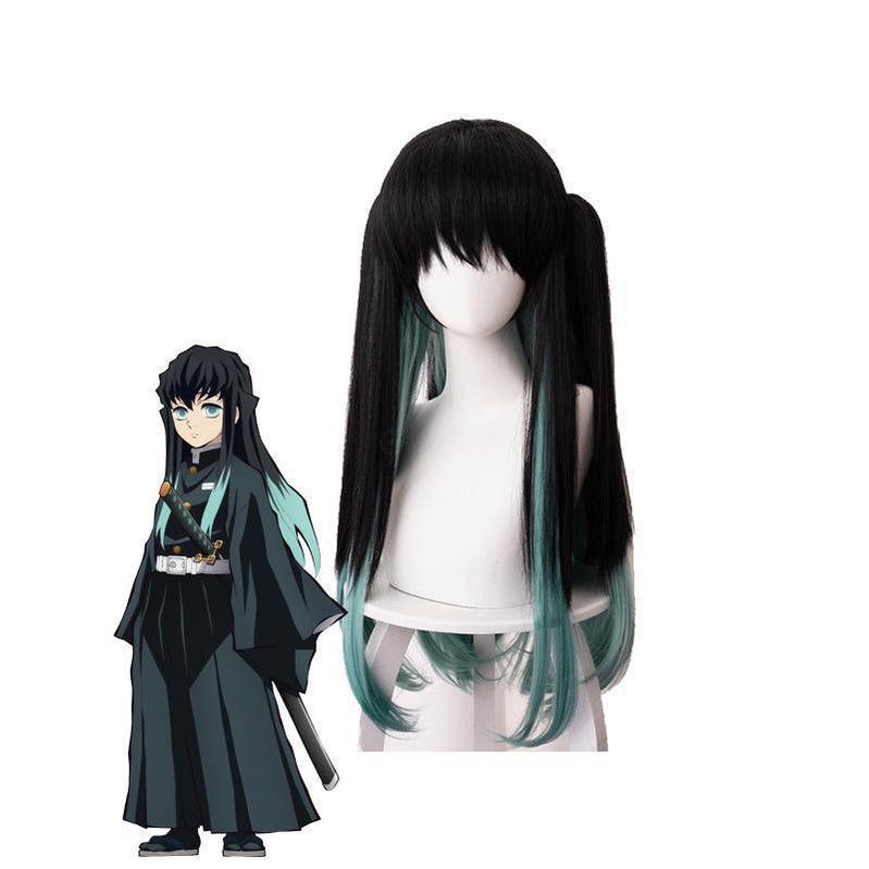 anime demon slayer tokitou muichirou long straight green mixed black cosplay wigs