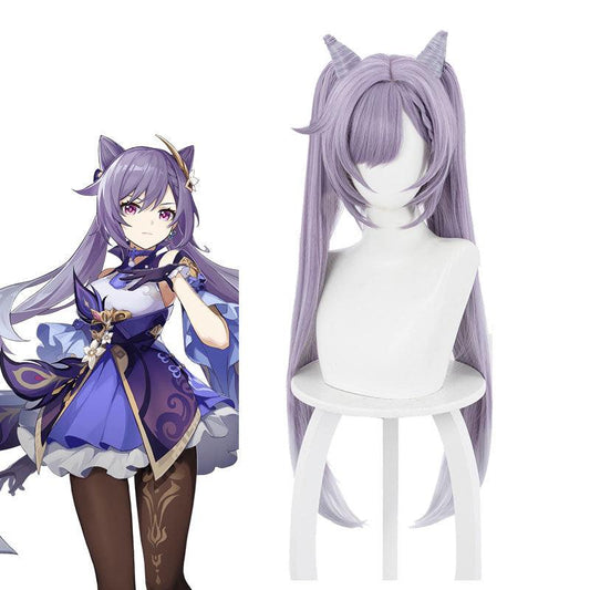 game genshin impact keqing ponytails mixed purple cosplay wig with ears 1