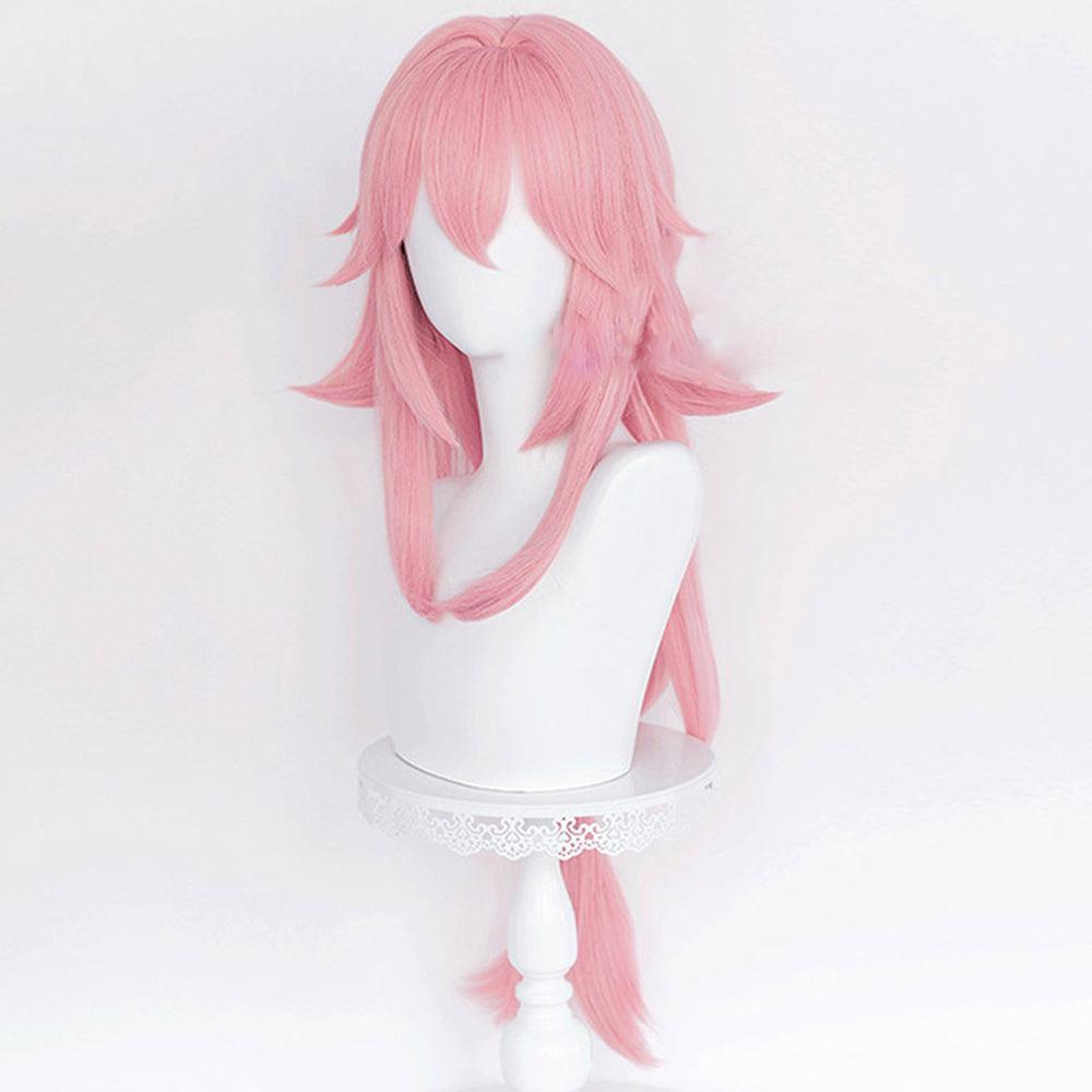 coscrew anime genshin impact yae miko pink long cosplay wig mm24