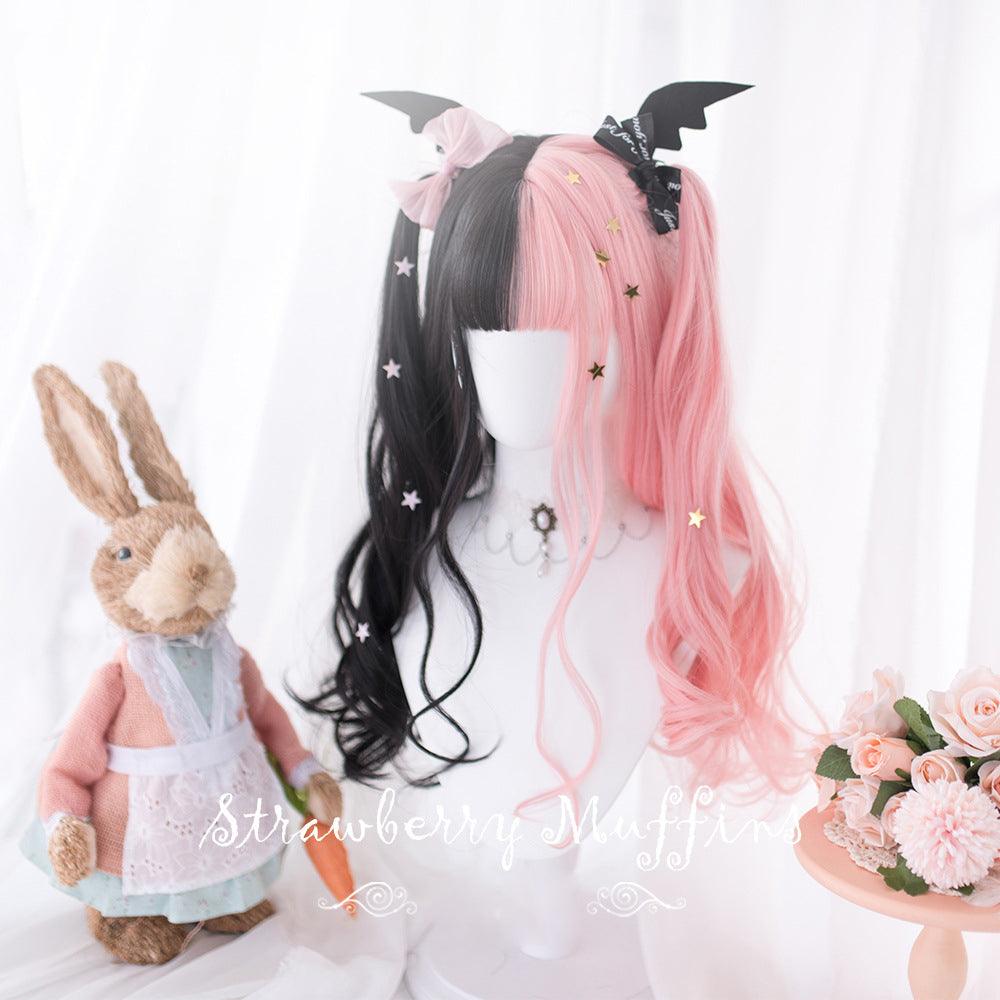 coscrew rainbow candy wigs black and pink long lolita wig loli ag105