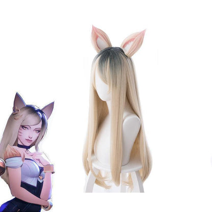 lol kda skin ahri nine tailed fox 80cm long straight blonde cosplay wigs with ears