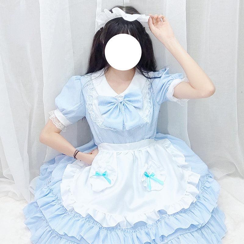 Light Sky Blue Summer Puffs Maid Outfit Lolita Dress Japanese Fancy Dress Cosplay Costume