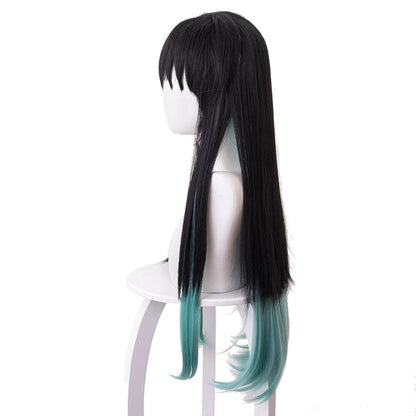 demon slayer tokitou muichirou black gradient mixed with blue green long cosplay wig 487g