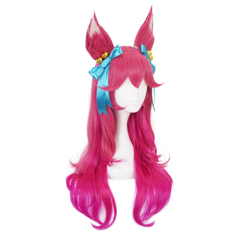 Game LOL Spirit Blossom Skin Ahri 80cm Long Red Gradient Purple Wavy Cosplay Wigs with Headwear