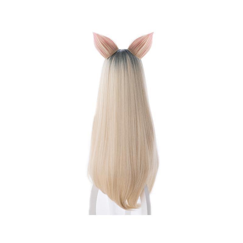 LOL KDA Skin Ahri Nine-Tailed Fox 80cm Long Straight Blonde Cosplay Wigs With Ears