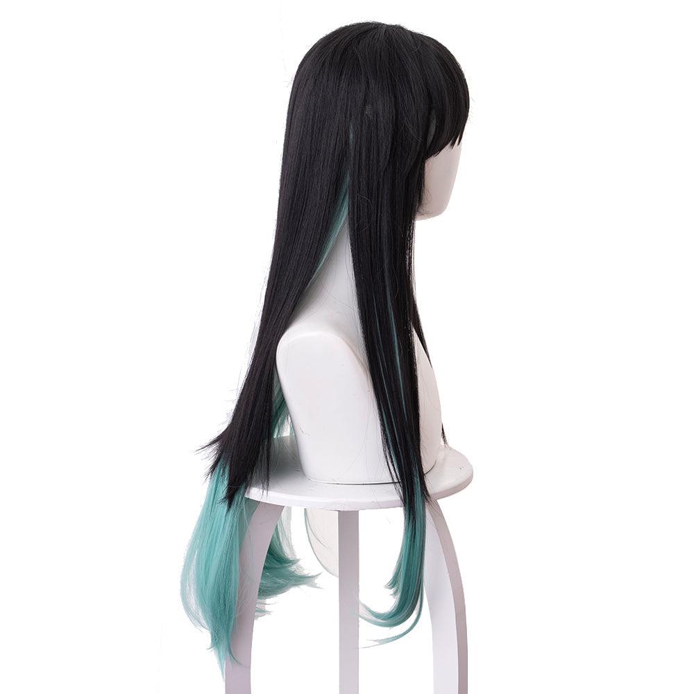 demon slayer tokitou muichirou black gradient mixed with blue green long cosplay wig 487g
