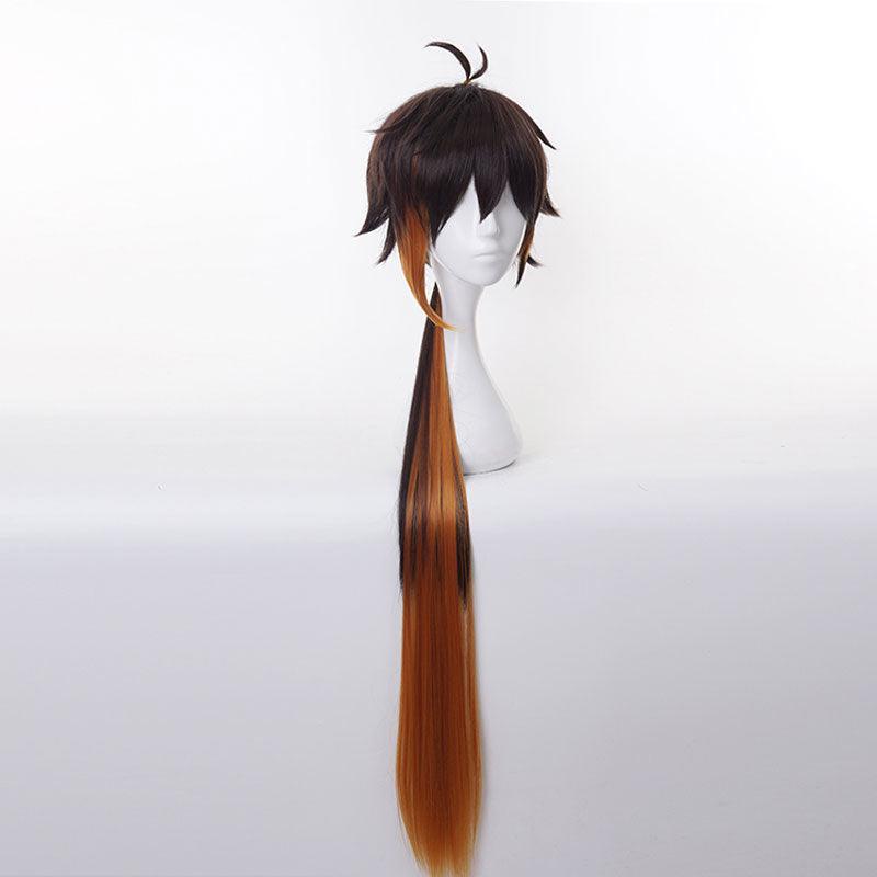game genshin impact zhongli dark brown long cosplay wigs