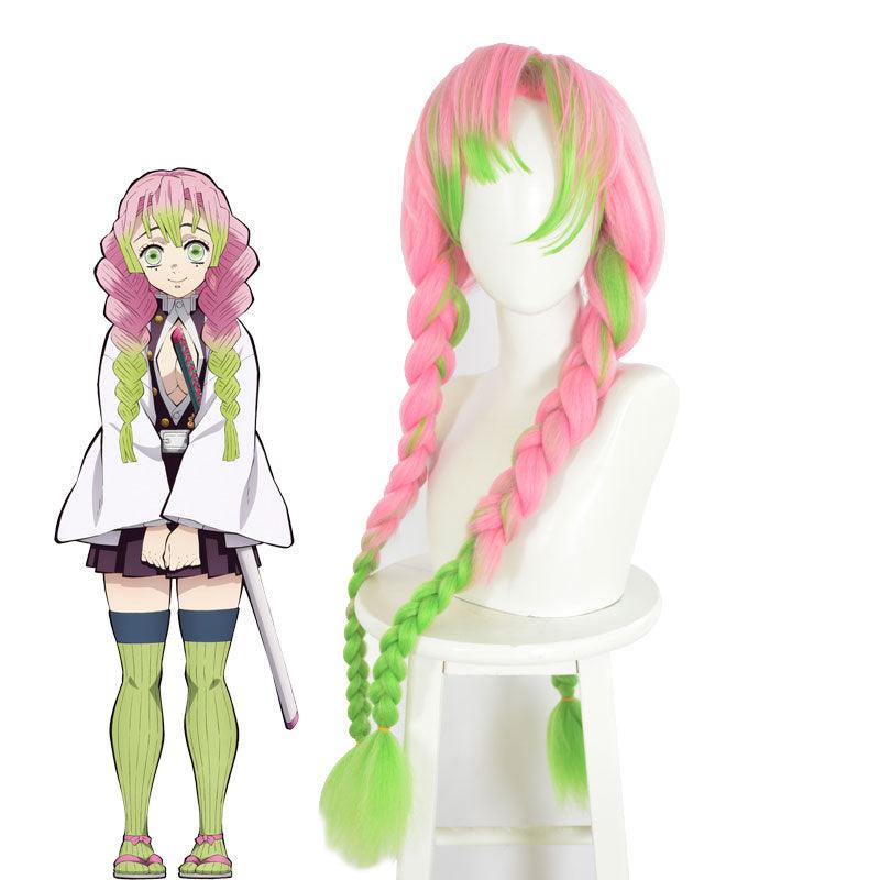 Anime Demon Slayer: Kimetsu no Yaiba Kanroji Mitsuri Cosplay Wig Pink Mixed Green Weave Long Wigs
