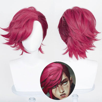 game lol arcane vi short rose red cosplay wigs