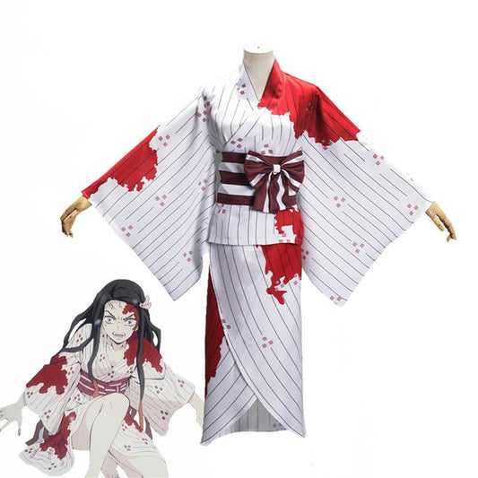 Anime Demon Slayer Kimetsu no Yaiba Nezuko Kamado Halloween Blood Splatter Kimono Cosplay Costume