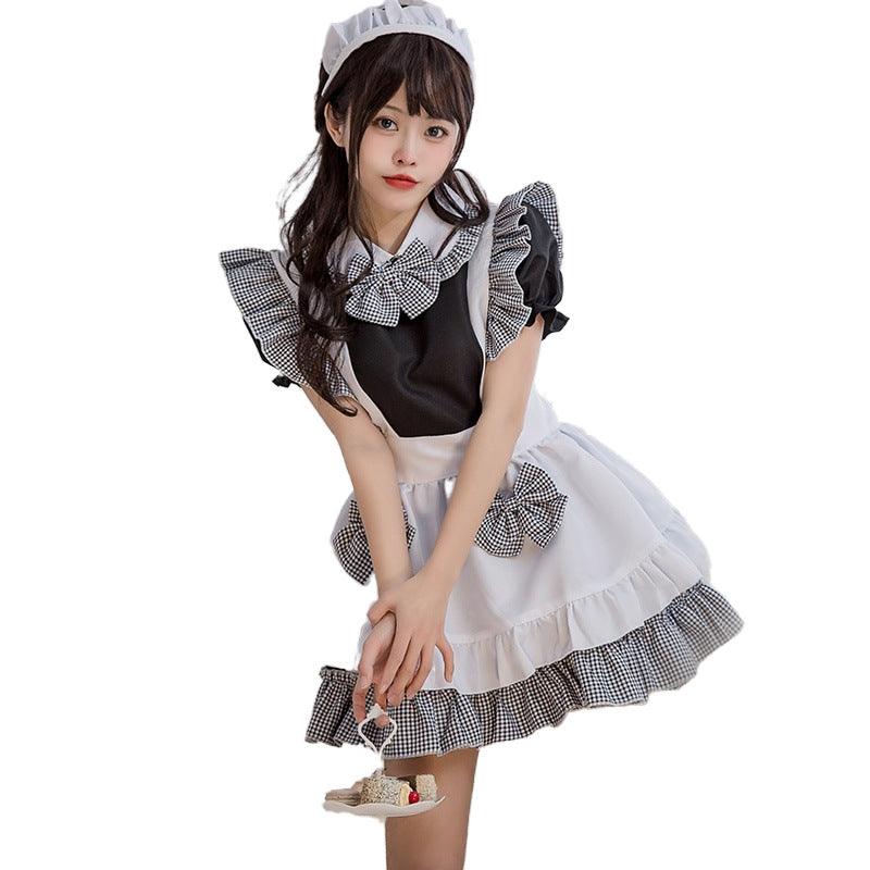 Halloween Kitchen Girl Black White Plaid Maid Outfit Lolita Dress Fancy Cosplay Costume
