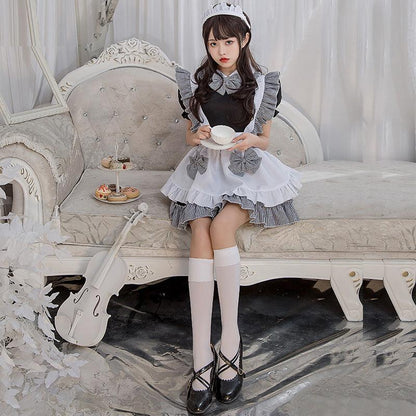Halloween Kitchen Girl Black White Plaid Maid Outfit Lolita Dress Fancy Cosplay Costume