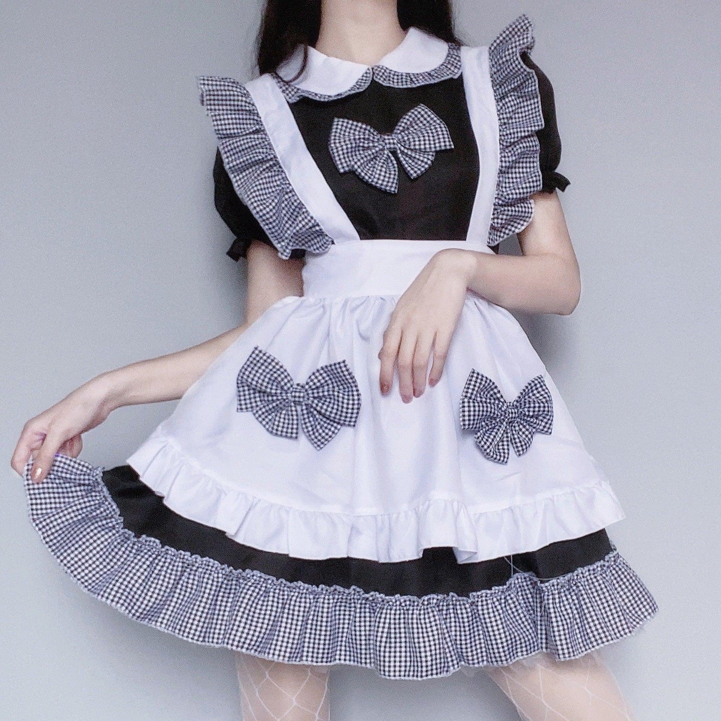 Celebrity Cat Girl Black White Plaid Maid Outfit Lolita Dress Fancy Cosplay Costume