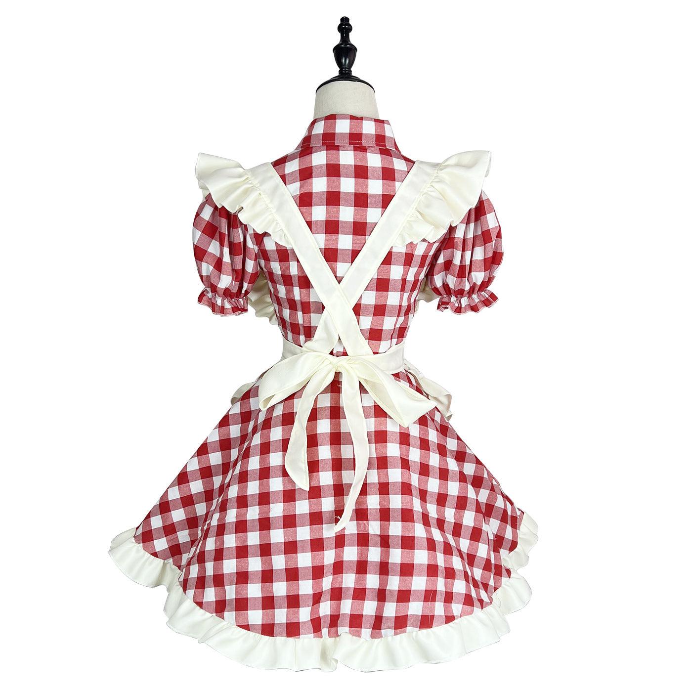 Black Red Grid Large Size Maid Outfit Lolita Dress Crossdresser Cute Fancy Cosplay Costume
