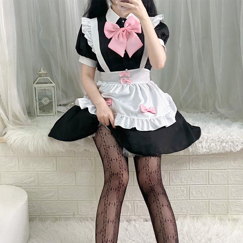Black and White Maid Outfit Lolita Dress with Pink Bows Japanese Dress Cosplay Costume