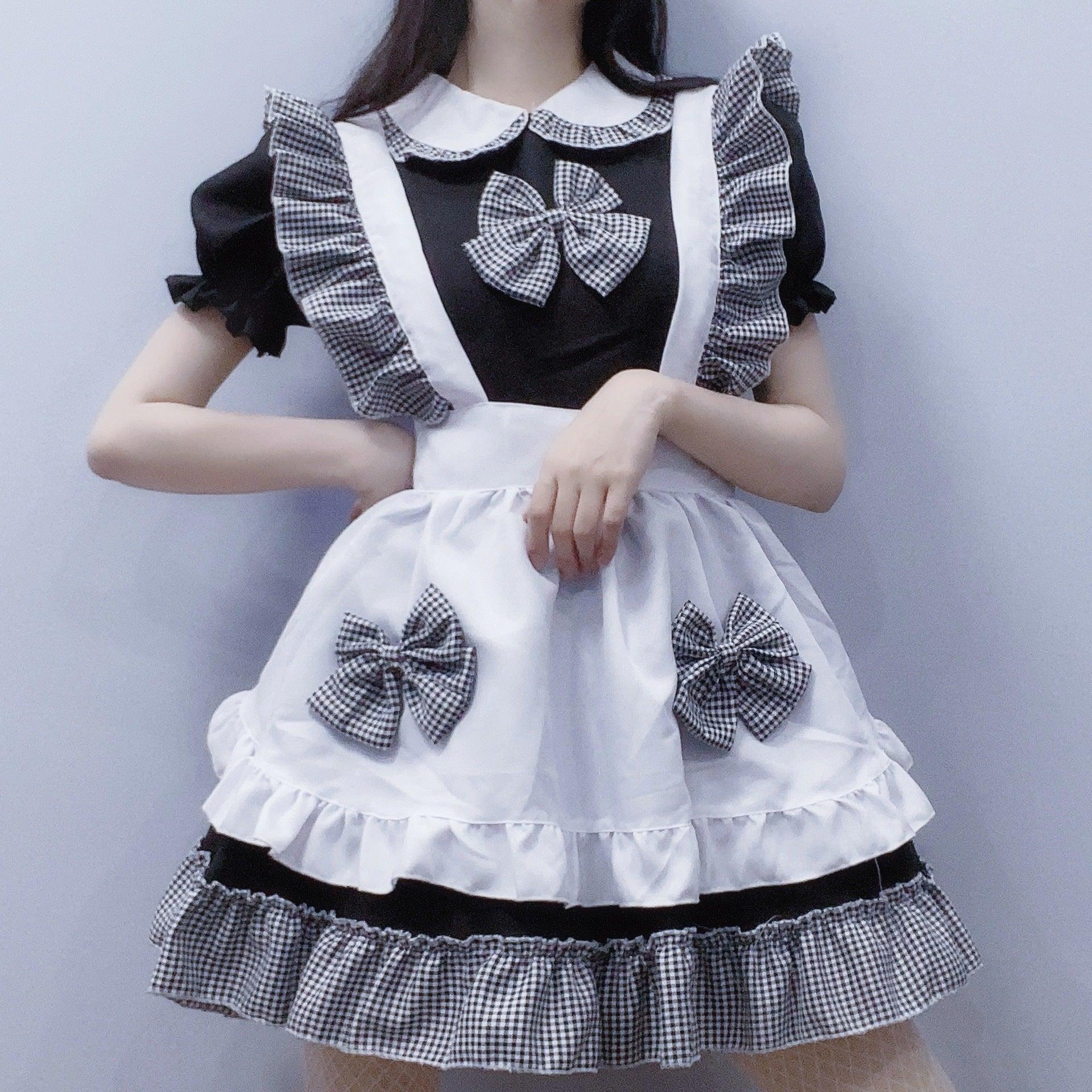 Celebrity Cat Girl Black White Plaid Maid Outfit Lolita Dress Fancy Cosplay Costume