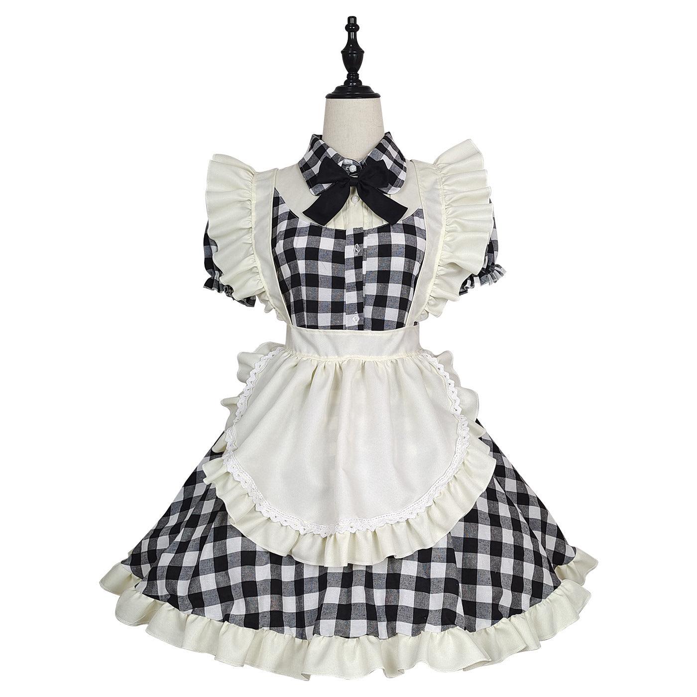 Black Red Grid Large Size Maid Outfit Lolita Dress Crossdresser Cute Fancy Cosplay Costume