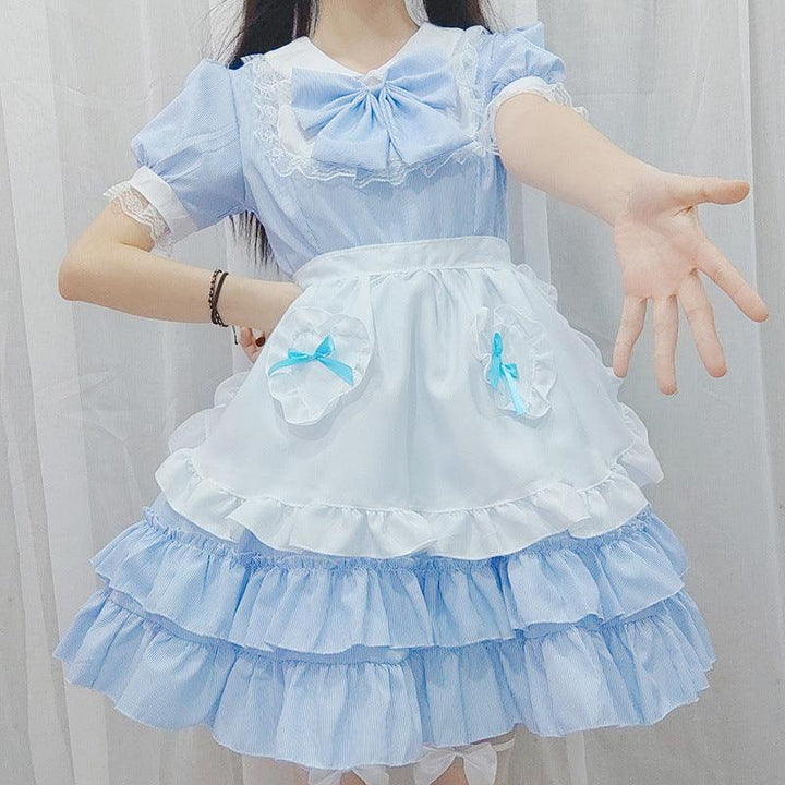 Light Sky Blue Summer Puffs Maid Outfit Lolita Dress Japanese Fancy Dress Cosplay Costume