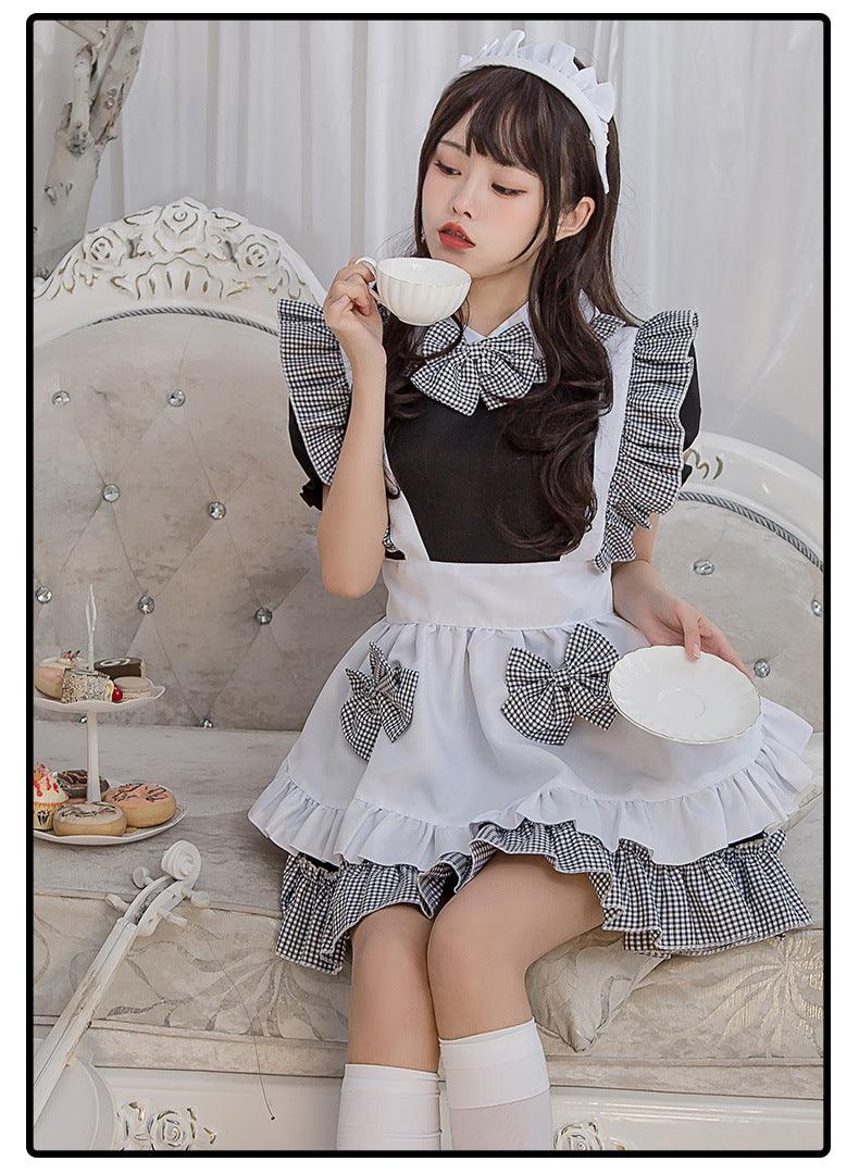 Halloween Kitchen Girl Black White Plaid Maid Outfit Lolita Dress Fancy Cosplay Costume
