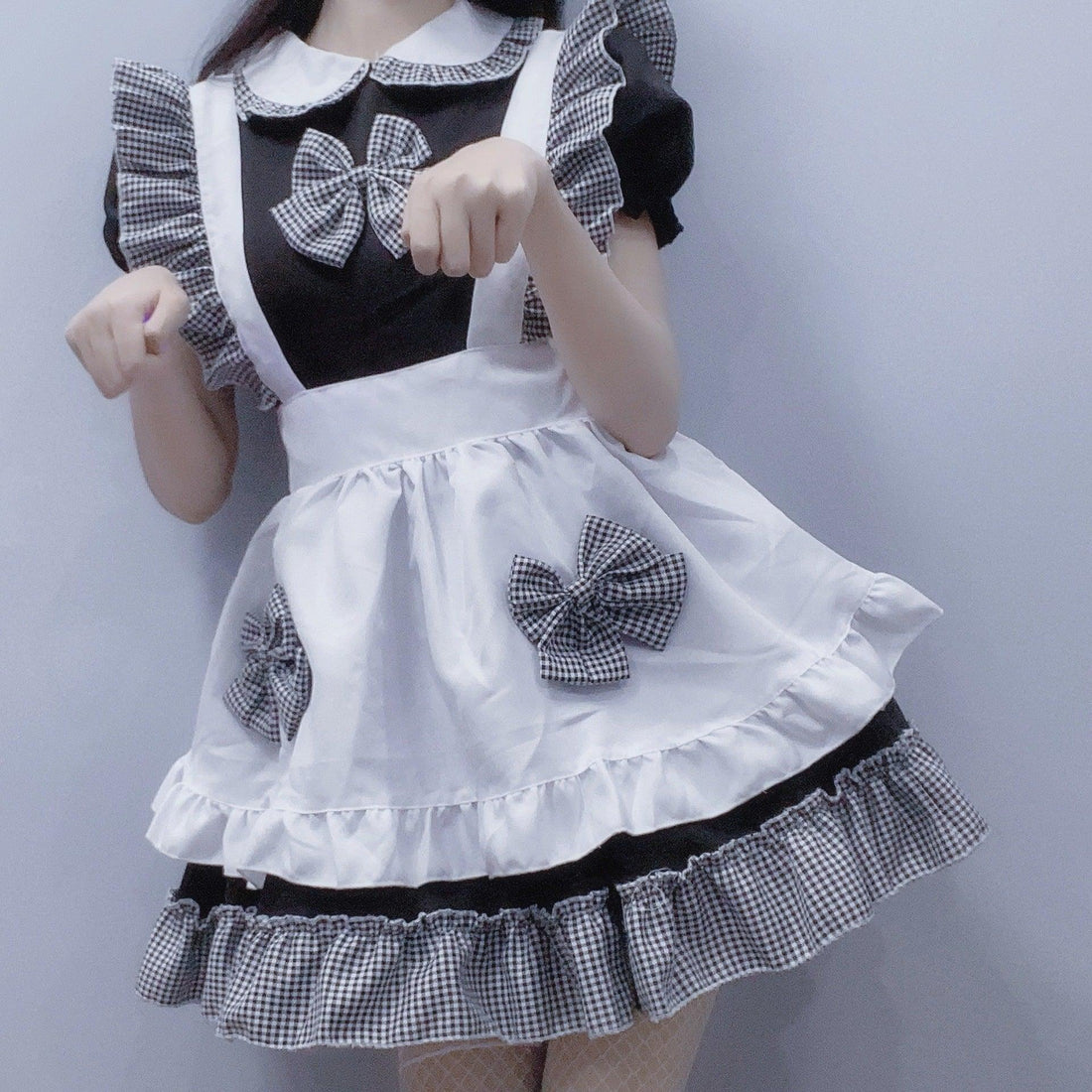 Celebrity Cat Girl Black White Plaid Maid Outfit Lolita Dress Fancy Cosplay Costume