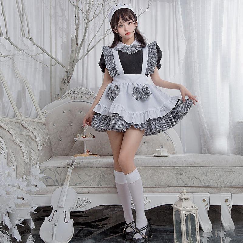 Halloween Kitchen Girl Black White Plaid Maid Outfit Lolita Dress Fancy Cosplay Costume
