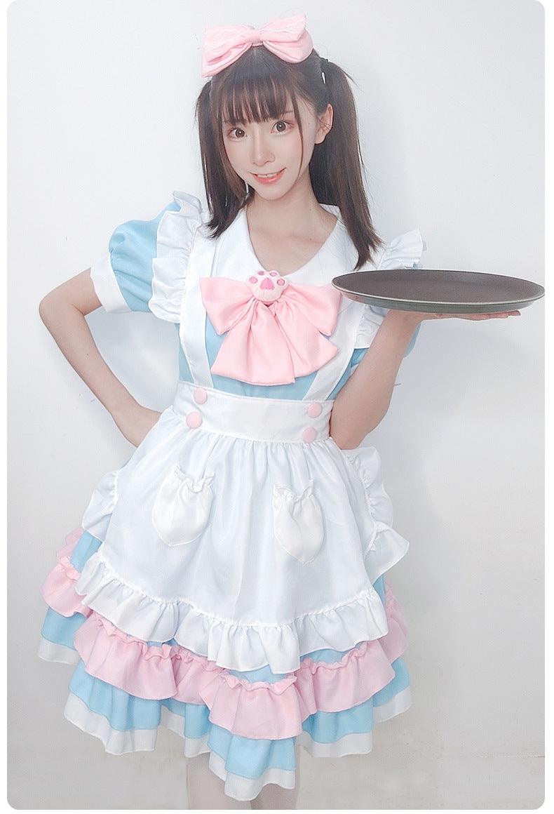 blue french maid dress French Sissy Maid Lockable blue Organza satin Dress Uniform Cosplay Costume