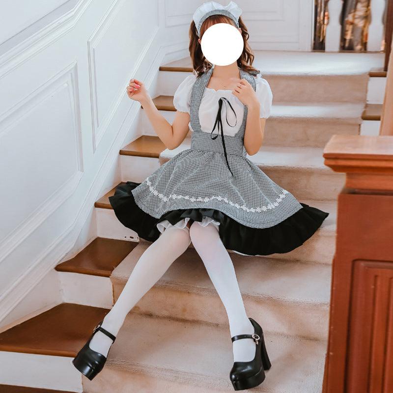Black and White Plaid Maid Outfit Lolita Dress Kitchen Girl Daily Dress Cosplay Costume
