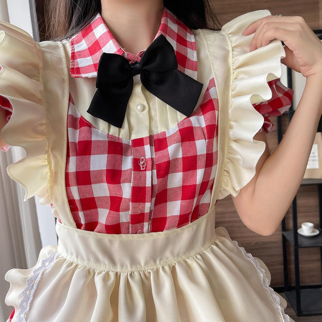 Black Red Grid Large Size Maid Outfit Lolita Dress Crossdresser Cute Fancy Cosplay Costume