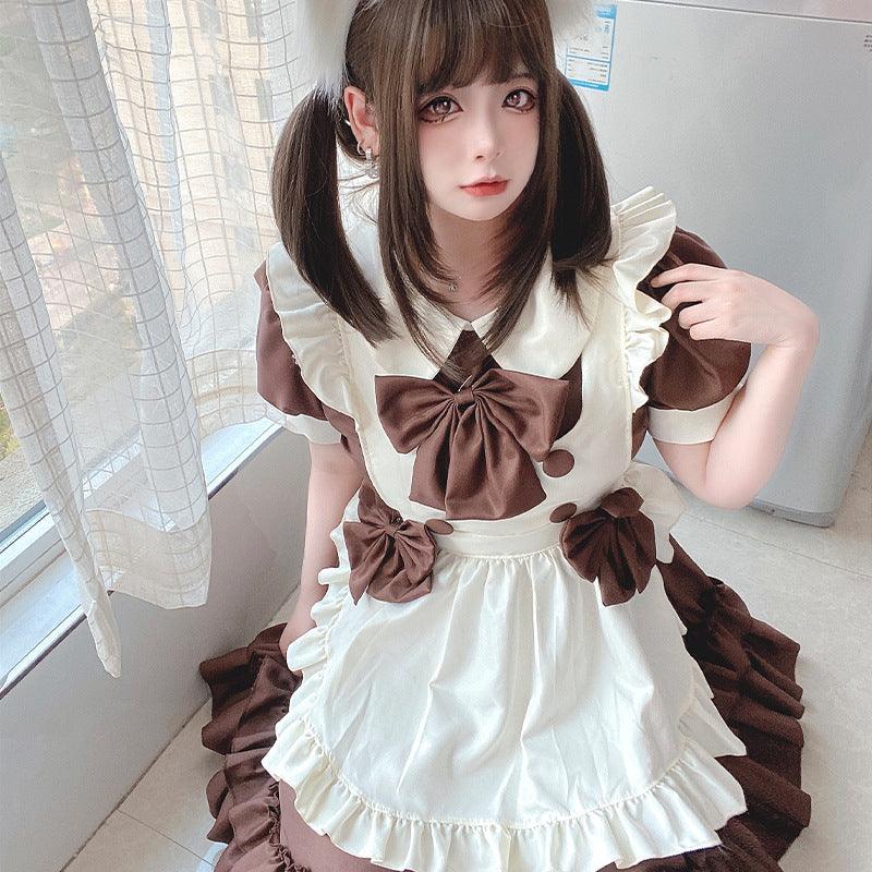 Brown Cute Cafe Maid Waiter Maid Outfit Lolita Dress Fancy Cross Dress CD Cosplay Costume