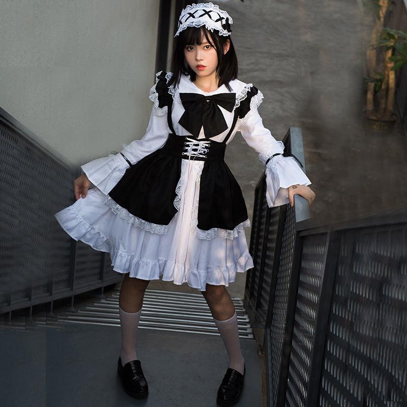 Black White Coffee Waitress Maid Outfit Lolita Dress Cross Dress CD Fancy Cosplay Costume