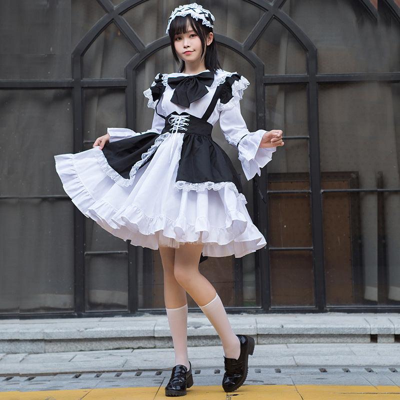 Black White Coffee Waitress Maid Outfit Lolita Dress Cross Dress CD Fancy Cosplay Costume